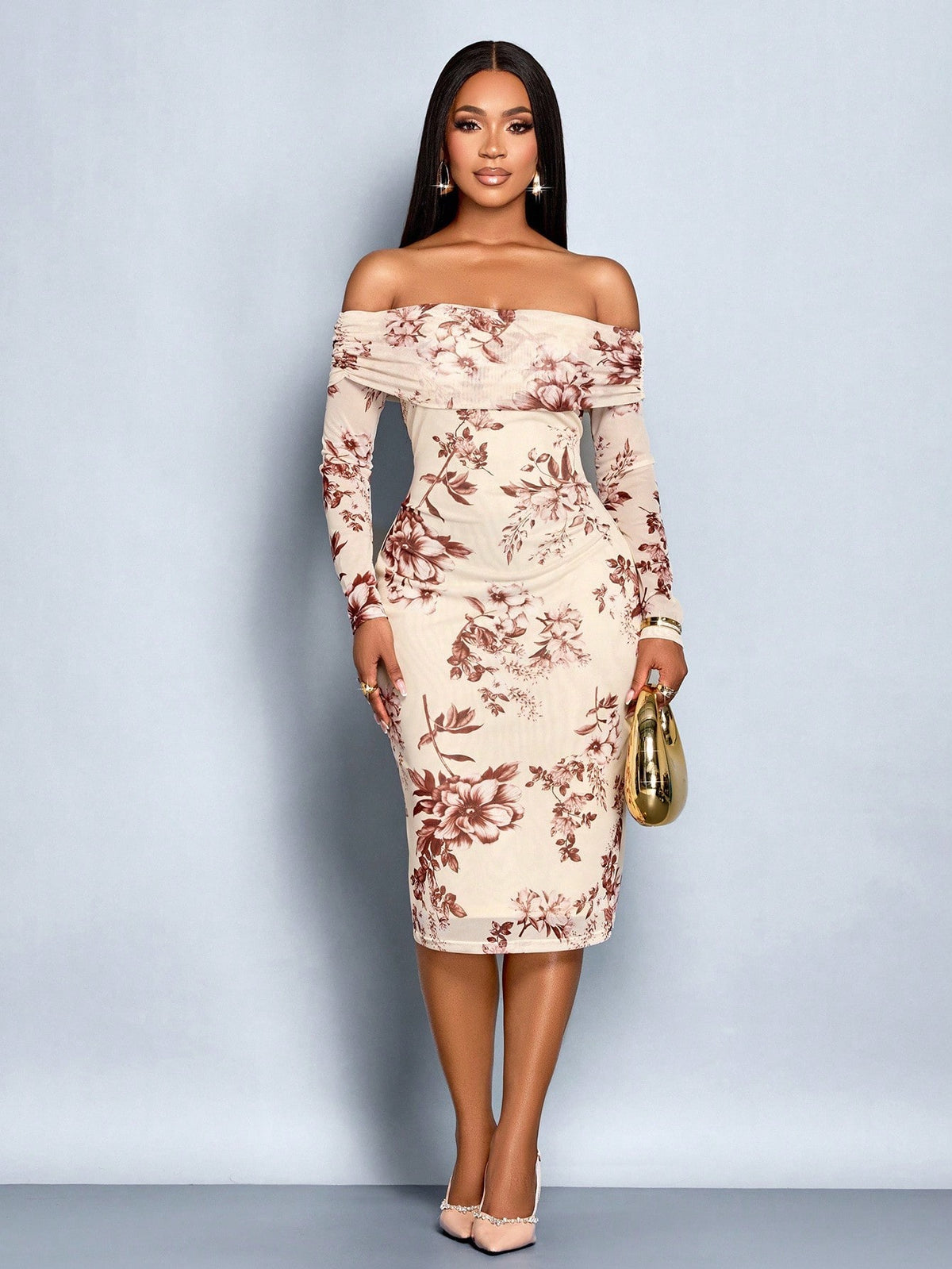 SOLERSUN Women's Off-Shoulder Long Sleeve Knitted Waist-Cinched Floral Print Bodycon Dress