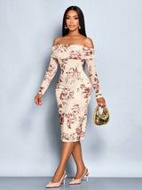SOLERSUN Women's Off-Shoulder Long Sleeve Knitted Waist-Cinched Floral Print Bodycon Dress