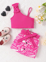 SHEIN Young Girl Bow Front Asymmetrical Neck Top & Letter Graphic Skirt