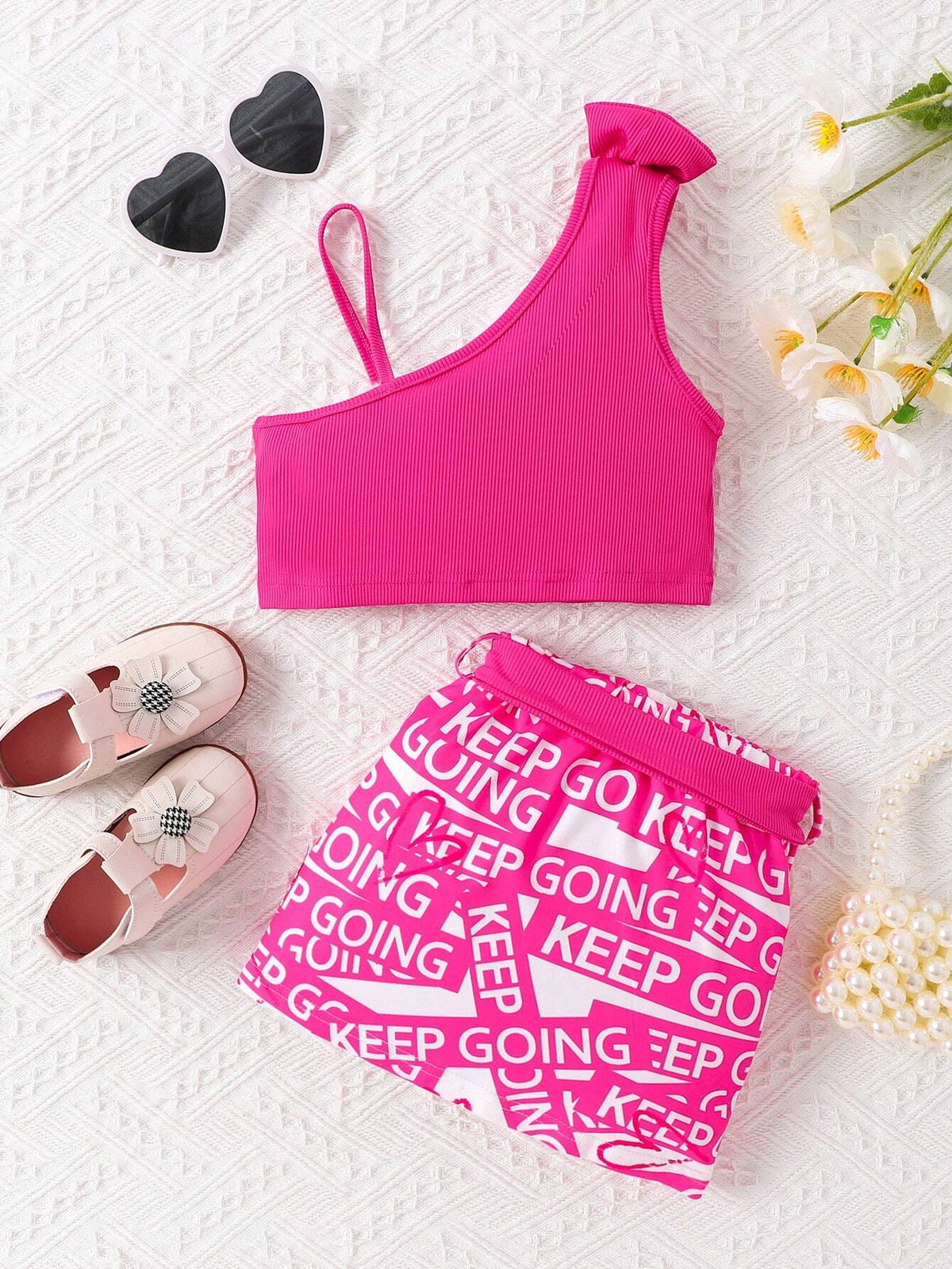 SHEIN Young Girl Bow Front Asymmetrical Neck Top & Letter Graphic Skirt