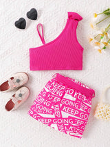 SHEIN Young Girl Bow Front Asymmetrical Neck Top & Letter Graphic Skirt