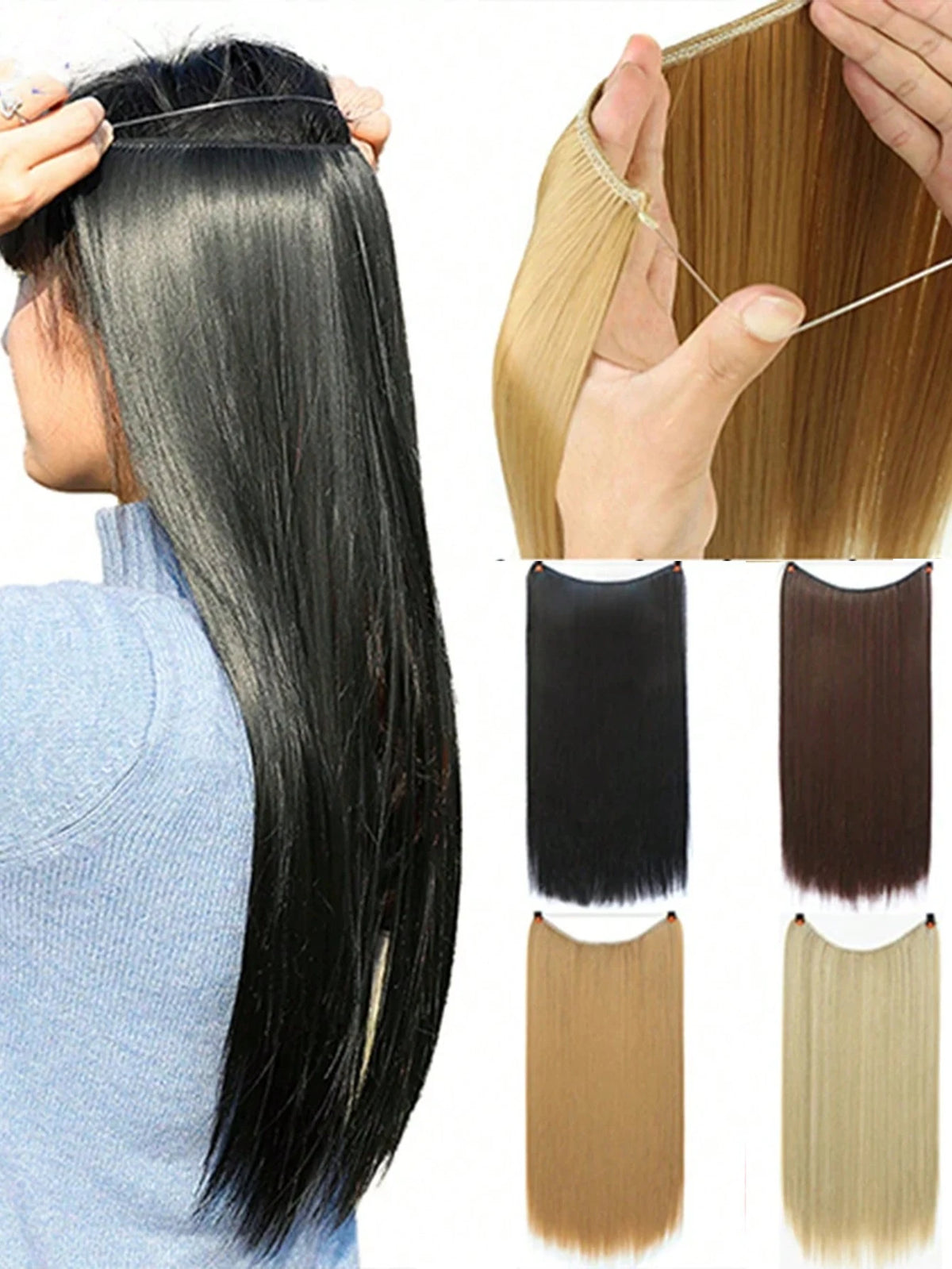 SHEIN 24Inch Long Invisible Fish Line Hair Extensions Hair Natural Black Y2