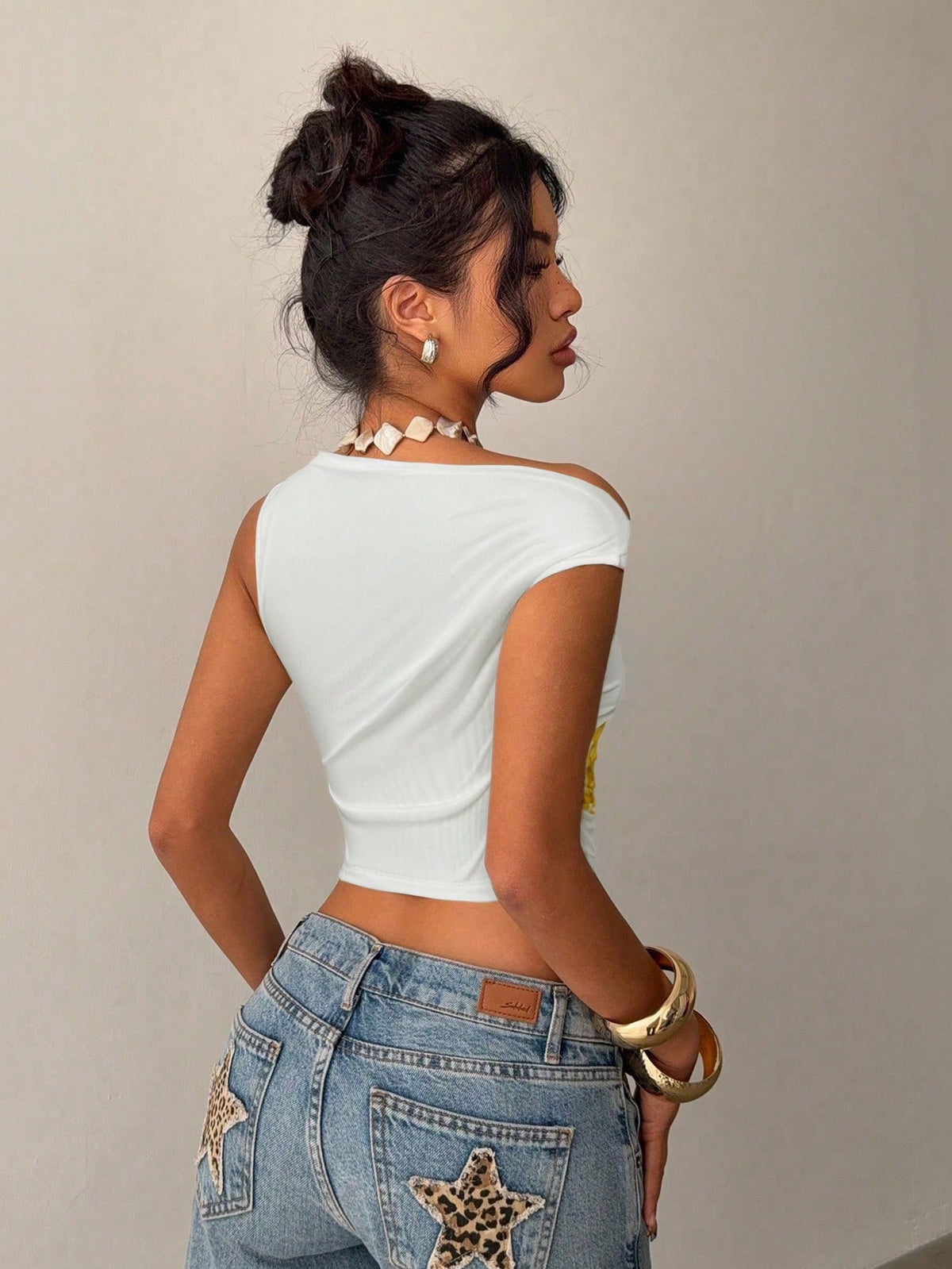 SHEIN Siren Gaze Summer Casual Asymmetrical Shoulder Top