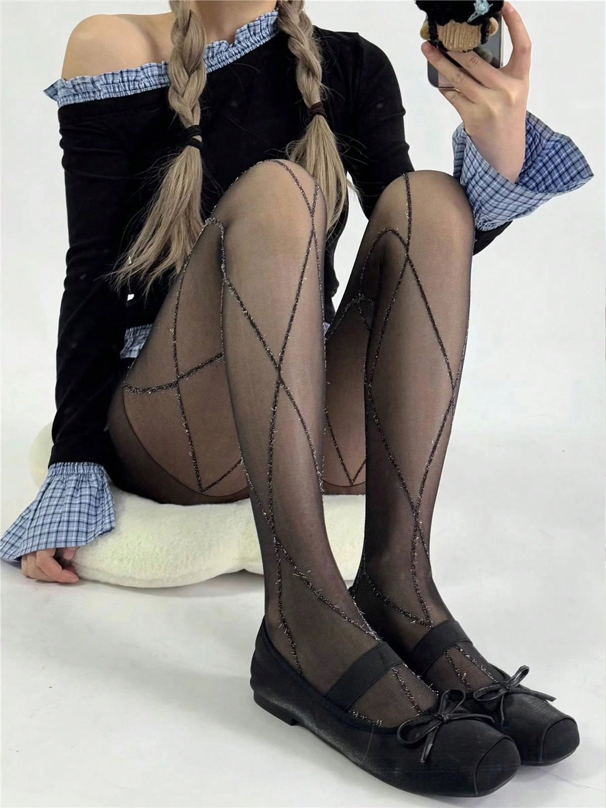 SHEIN Novelty Rhinestone Mesh Pantyhose, Fashionable Shiny