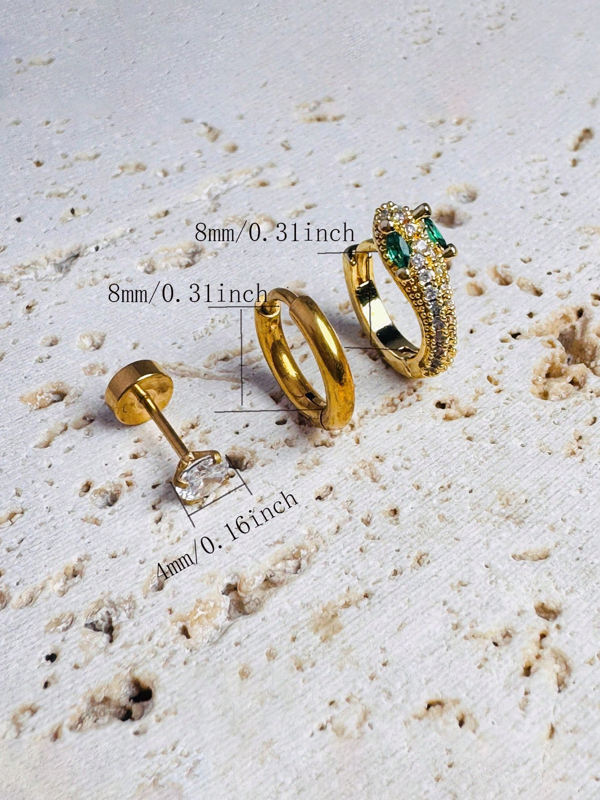 SHEIN 3PCS/Set Stainless Steel Crystal Snake Stackable Earring