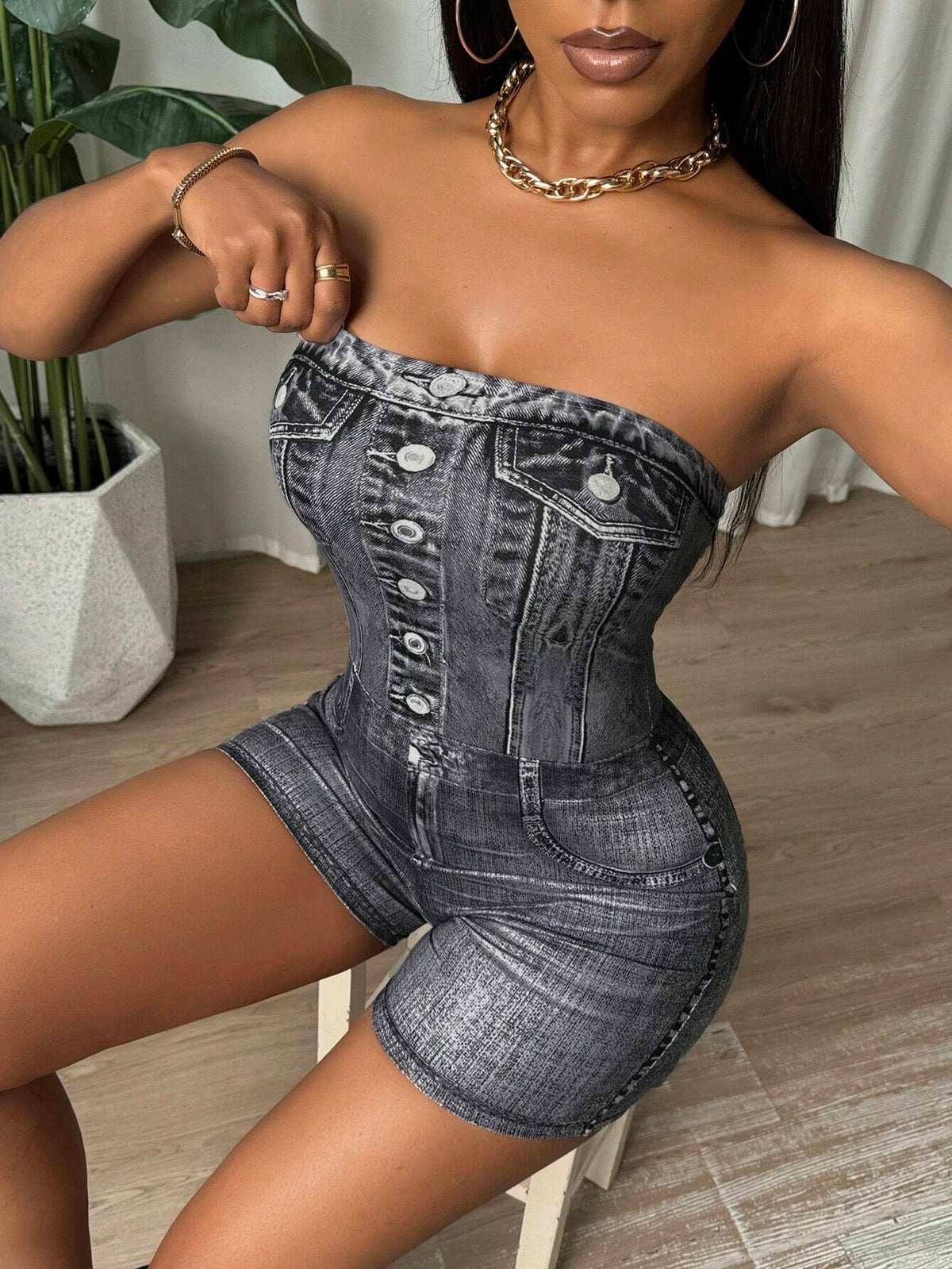 SHEIN BamGleam Tight Black Jumpsuit With Top Top Denim Effect