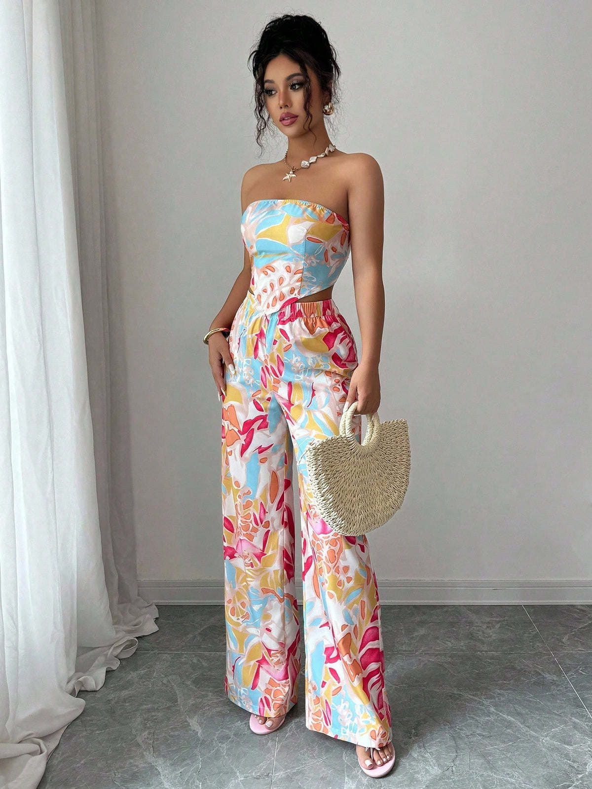 SHEIN Elenzga 2pcs Set: Halter Tie Bow Crop Top & Printed Elegant Romantic Vacation Bottoms