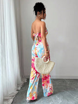 SHEIN Elenzga 2pcs Set: Halter Tie Bow Crop Top & Printed Elegant Romantic Vacation Bottoms