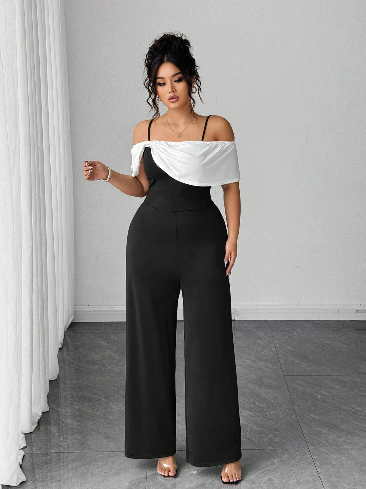 SHEIN Elenzga Halloween Plus Size Women's Elegant Knitted Black Patchwork White Fitted Jumpsuit