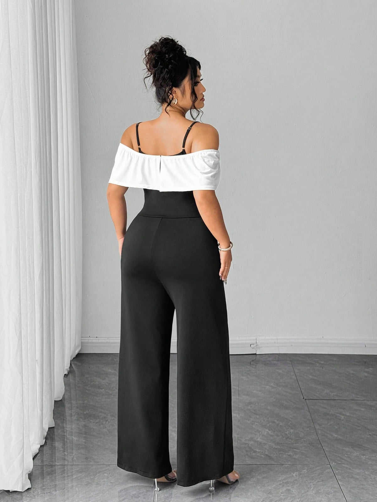 SHEIN Elenzga Halloween Plus Size Women's Elegant Knitted Black Patchwork White Fitted Jumpsuit