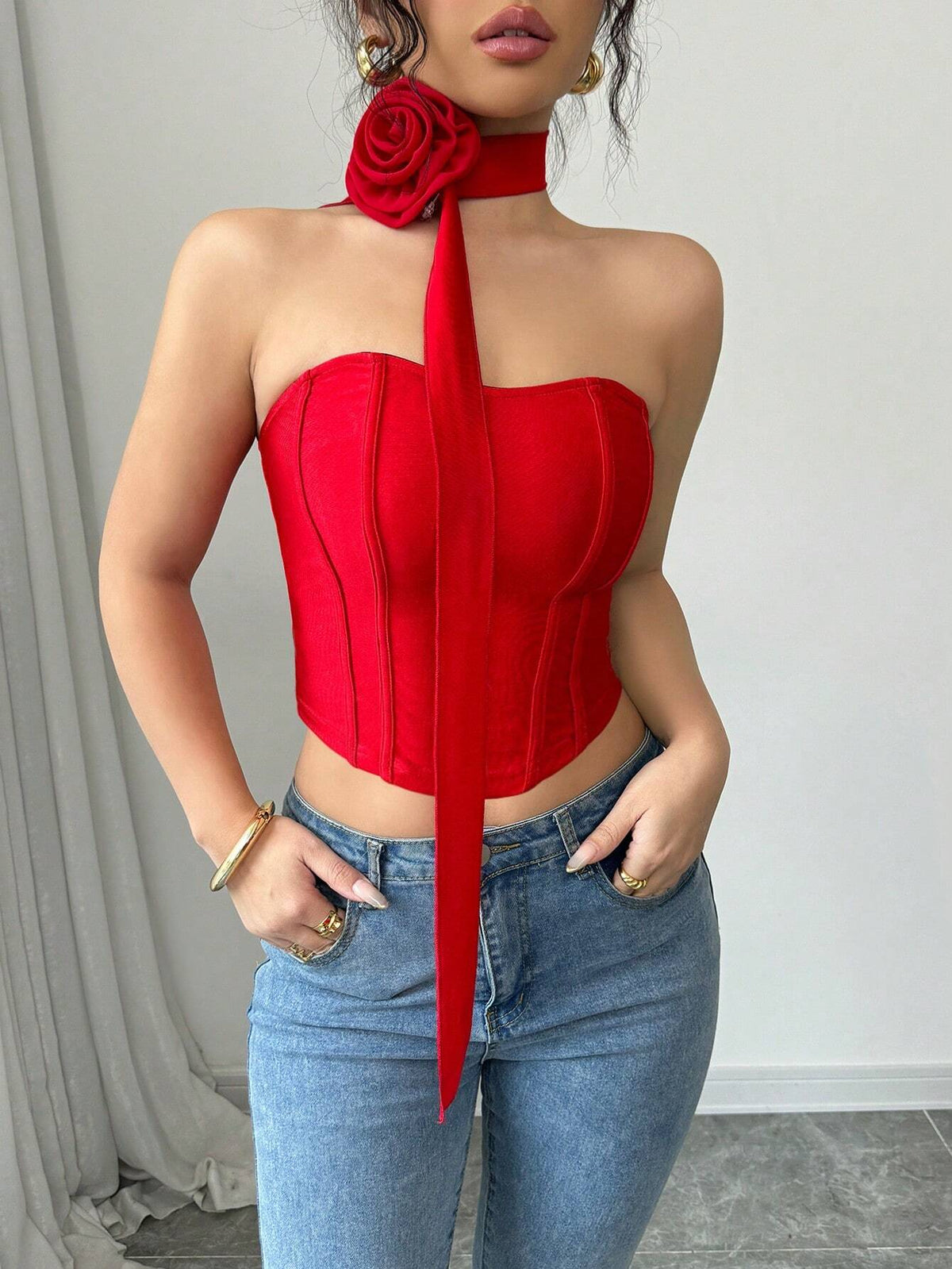 SHEIN Elenzga Rose Floral Crop Top