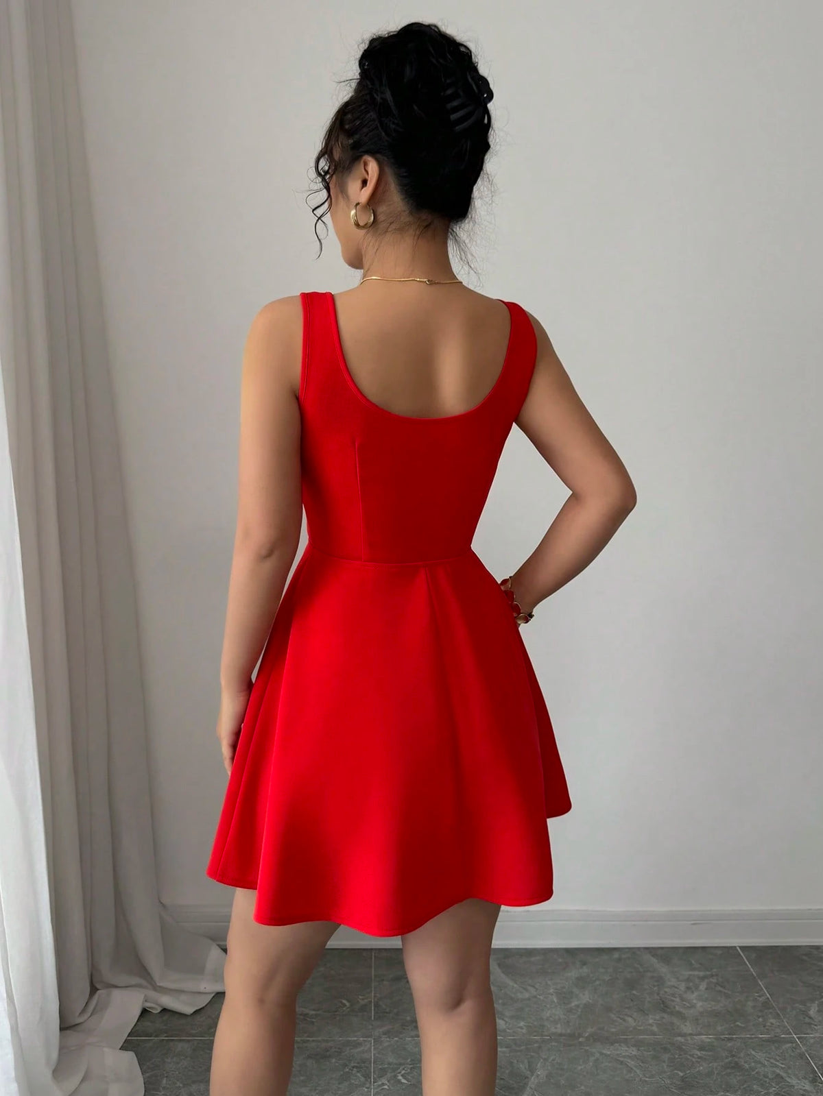 SHEIN Elenzga Summer Vacation Casual Square Neck Red Bowknot Waist A-Line Short Dress