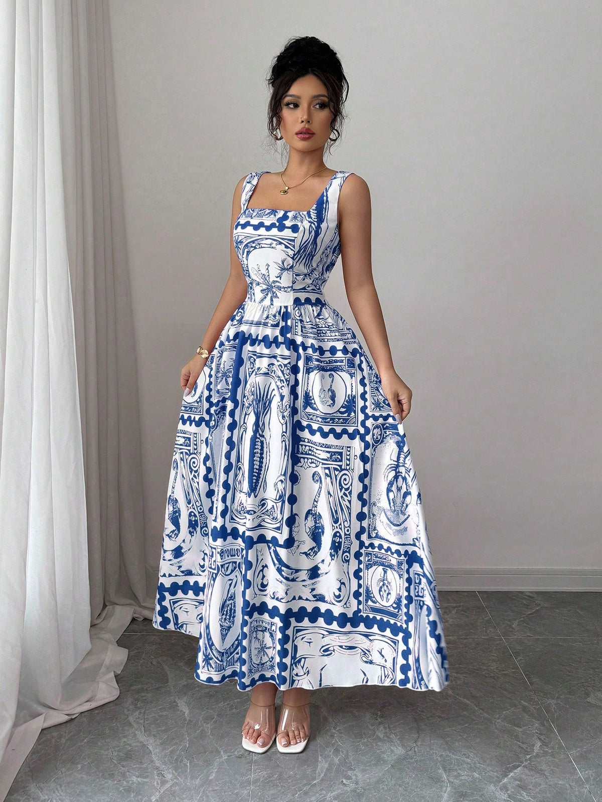 SHEIN Elenzga Women Elegant Floral Print Spaghetti Strap Cinched Waist Maxi Casual Holiday Dress
