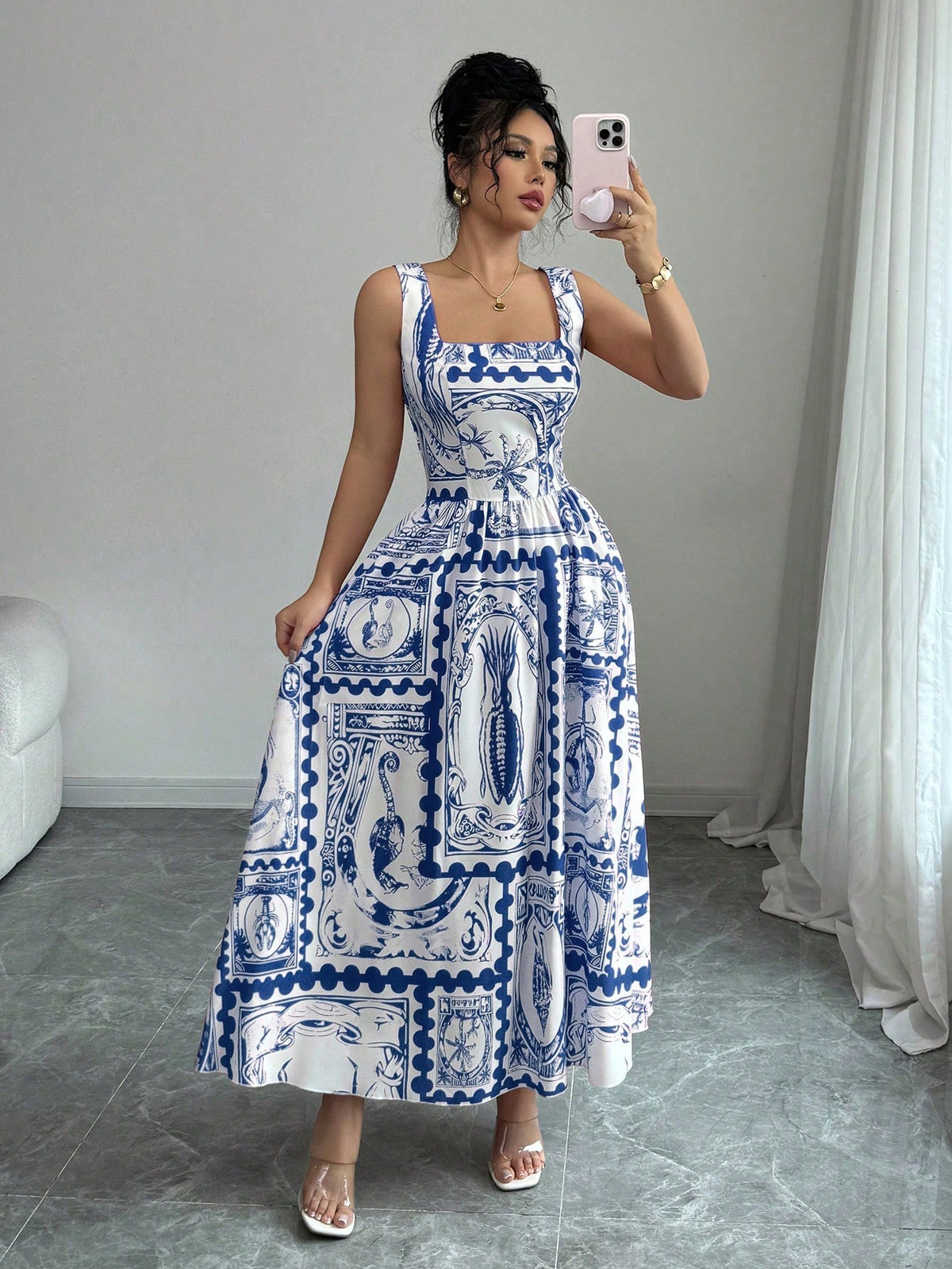 SHEIN Elenzga Women Elegant Floral Print Spaghetti Strap Cinched Waist Maxi Casual Holiday Dress