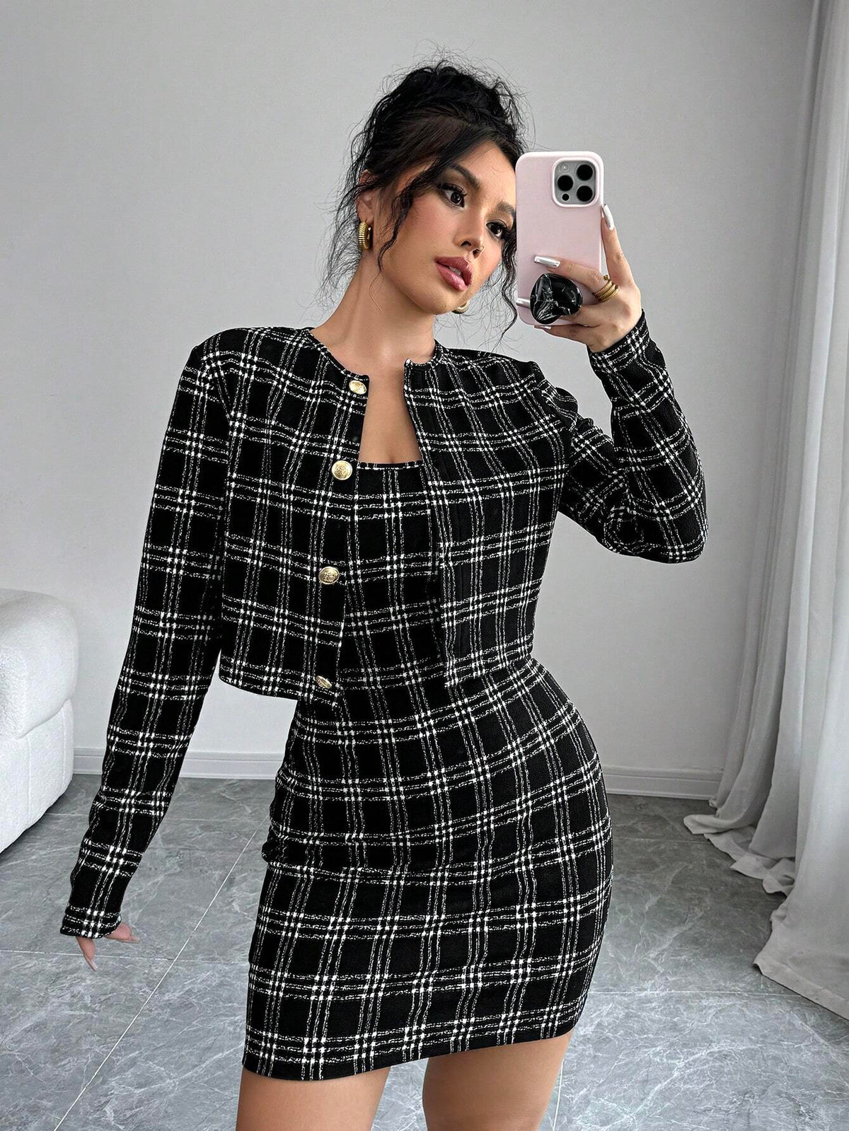 SHEIN Firerie Women 2pcs Set: Plaid Print Fitted Cami Midi Dress & Jacket
