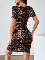 SHEIN Firerie Women's Sexy Leopard Print Diamond V-Neck Bodycon Dress