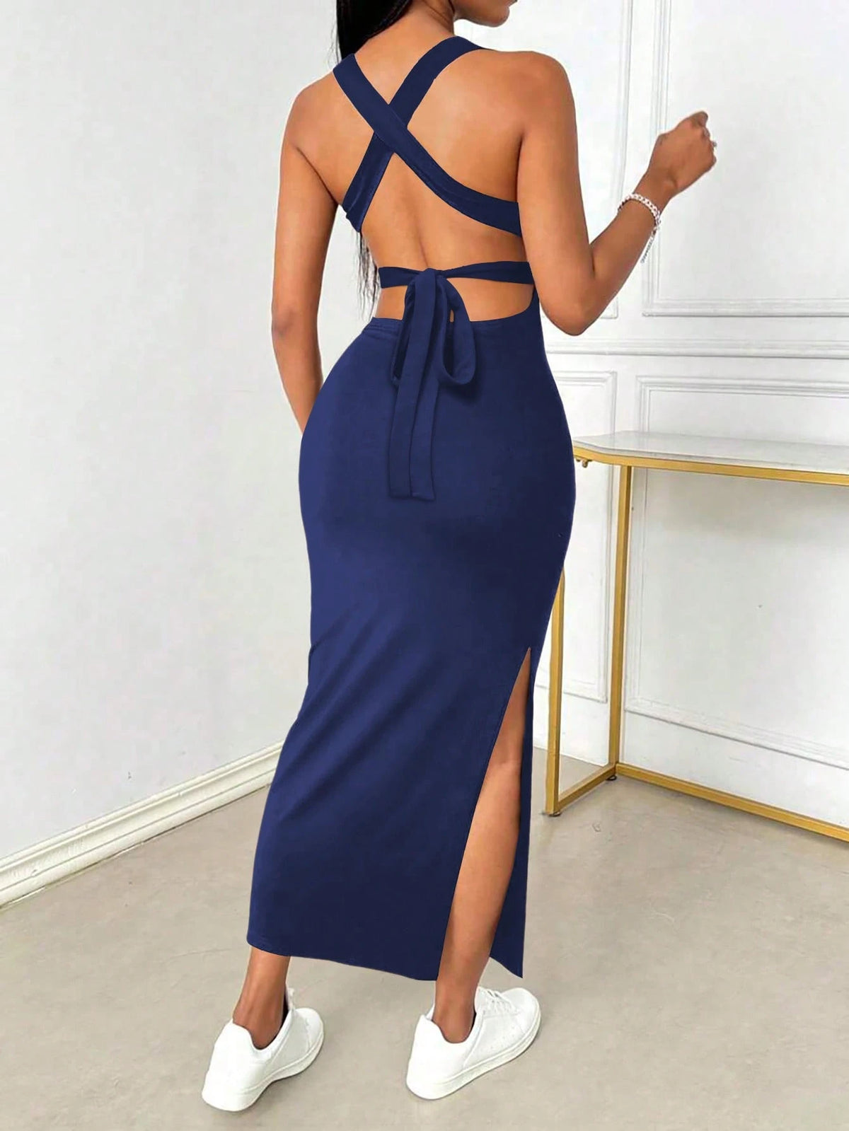 SHEIN INAWLY Bodycon Sexy V-Neck Backless Criss-Cross Strap Thigh Slit Dress