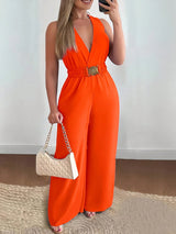 SHEIN INAWLY Plus Size Women's Elegant V-Neck Metal Buckle Waist Belt Fashion Wide Leg Jumpsuit