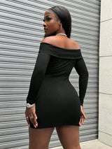 SHEIN INAWLY Women's Off-Shoulder Buttoned Long Sleeve Fitted Mini Dress