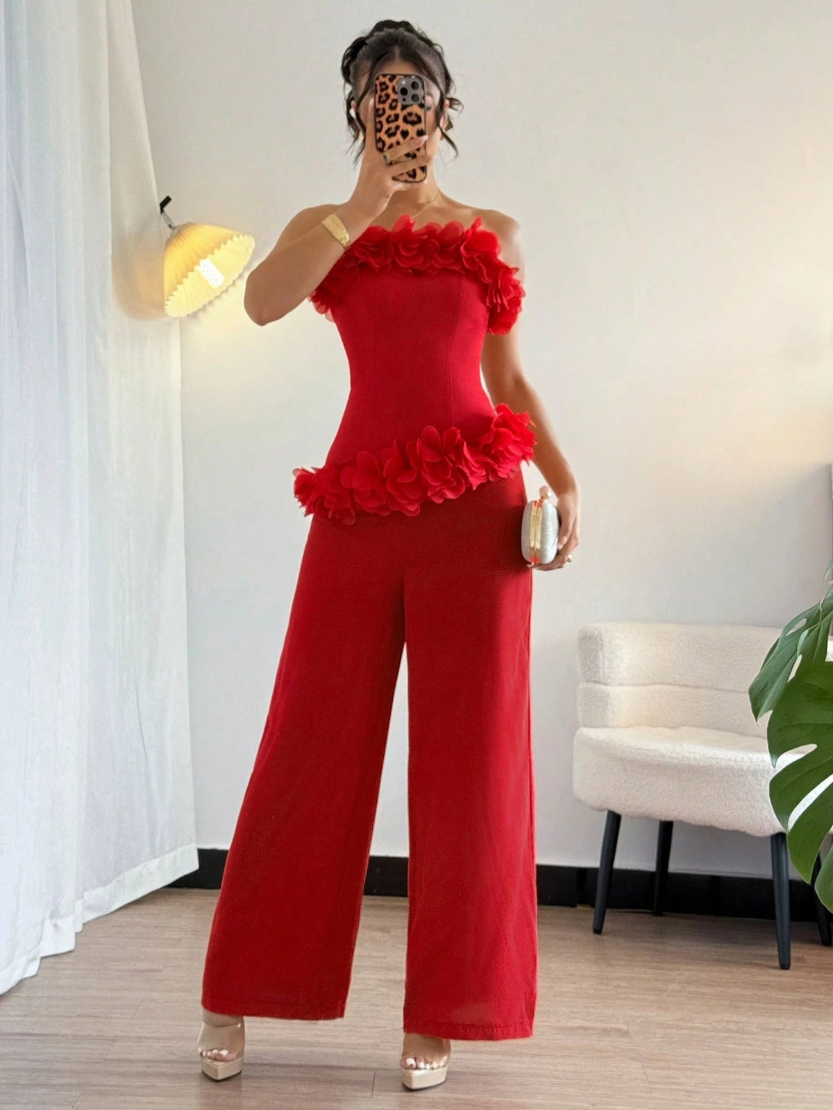 SHEIN Islaluna Women's Fashionable Elegant Solid Color Wide-Leg Jumpsuit