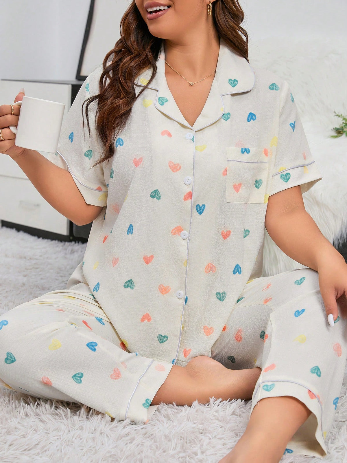 SHEIN Plus Heart Print Contrast Piping PJ Set Pajama Set