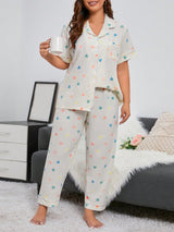 SHEIN Plus Heart Print Contrast Piping PJ Set Pajama Set