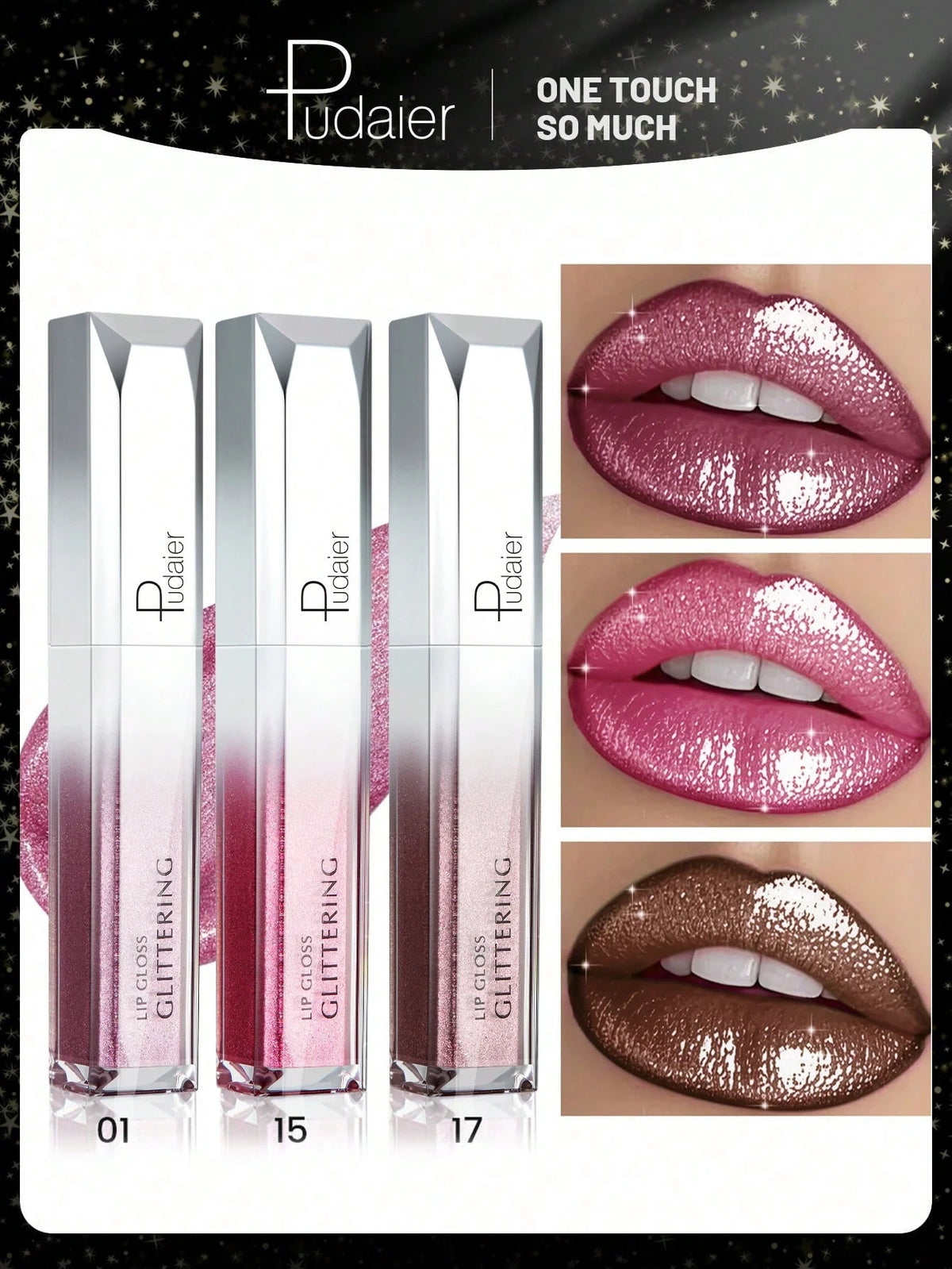 SHEIN Pudaier 3 Packs Metallic Diamond Lip Gloss Lip Combo