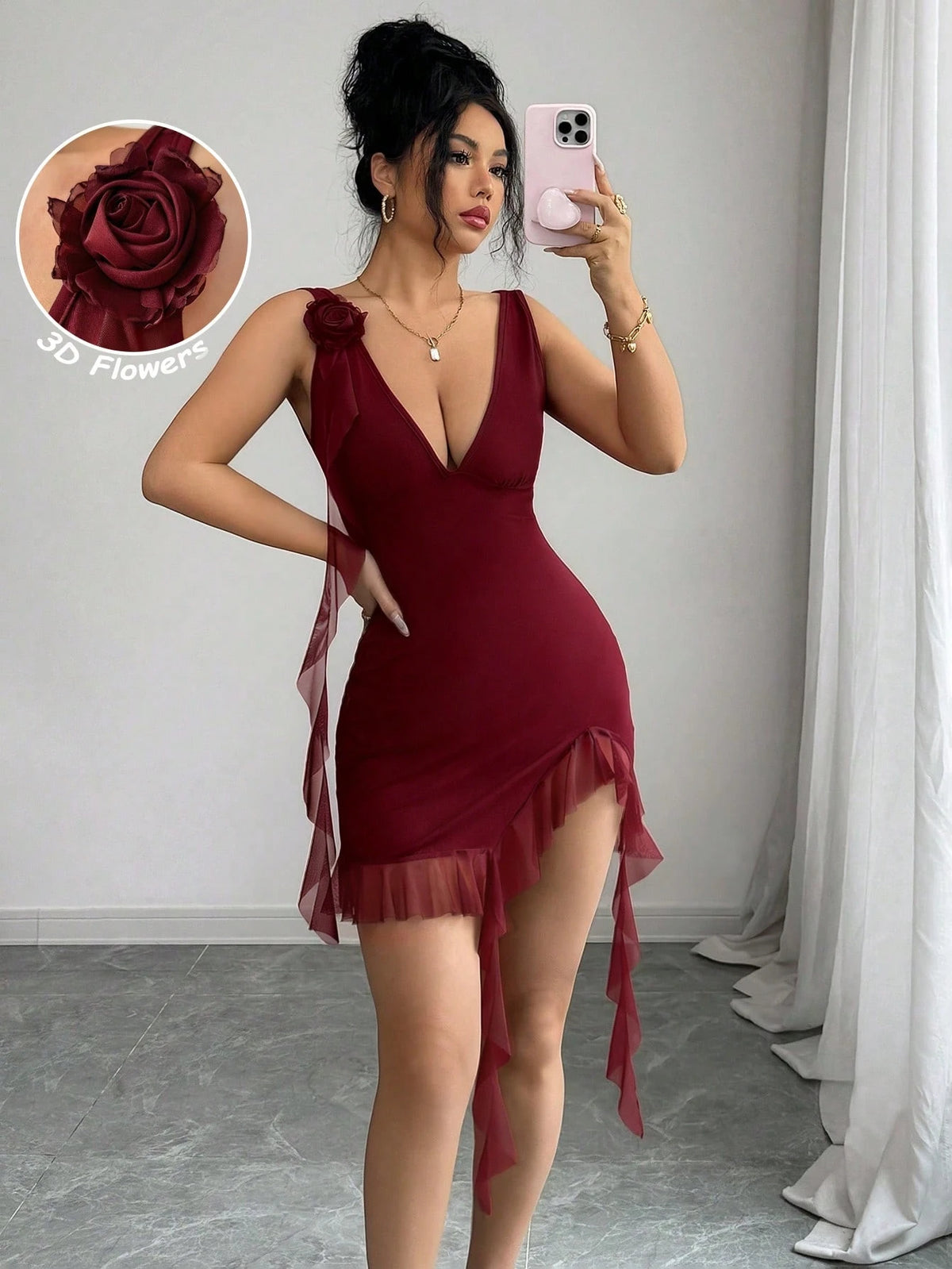 SHEIN Rafferiza Burgundy Deep V Mini Dress