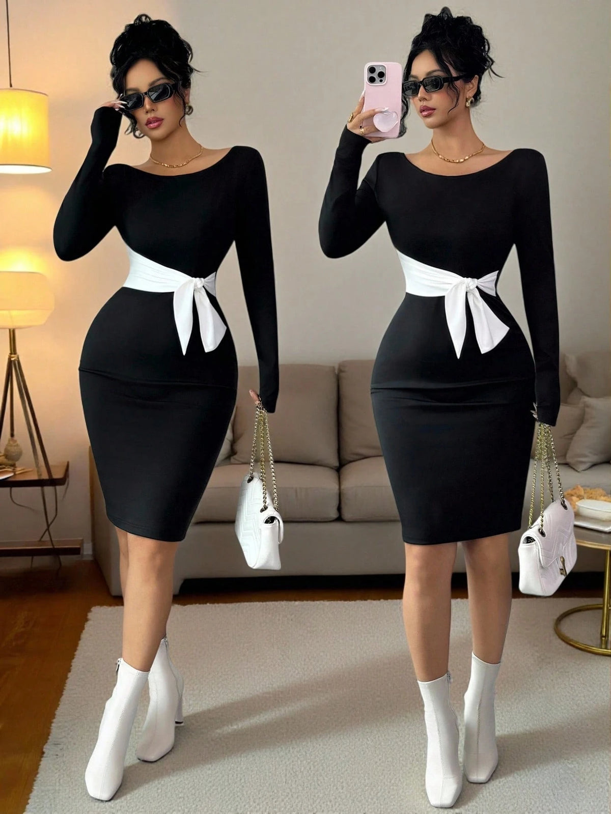SHEIN Rafferiza Women's Elegant & Sophisticated Off Shoulder Colorblock Midi Dress