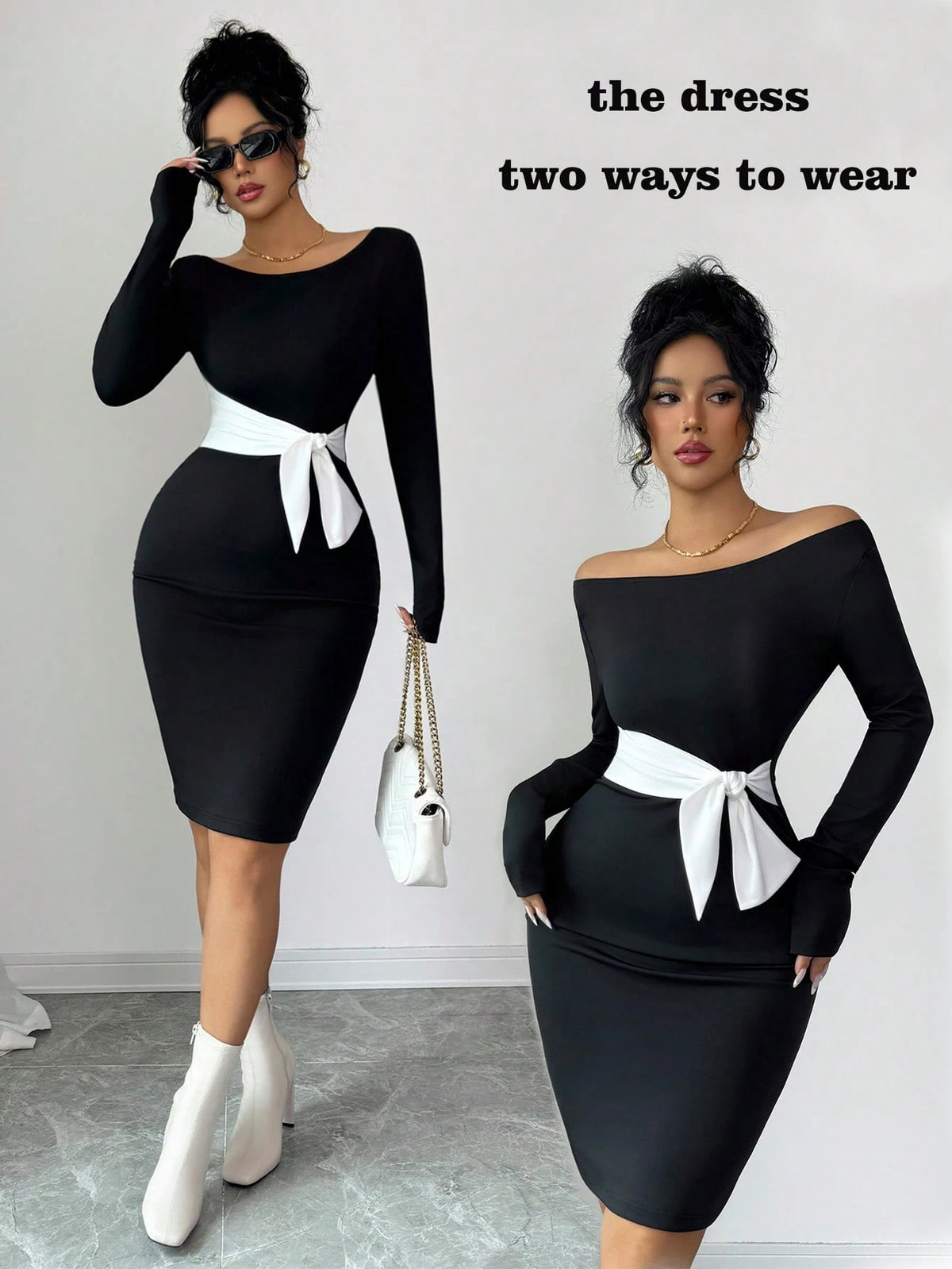 SHEIN Rafferiza Women's Elegant & Sophisticated Off Shoulder Colorblock Midi Dress