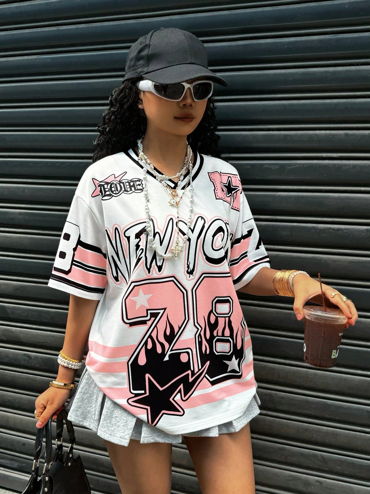 SHEIN Rovax Women V-Neck Short Sleeve Digital & Striped Print T-Shirt