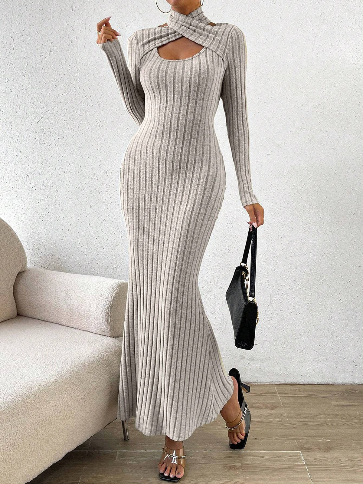 SHEIN Essnce Criss Cross Cut Out Front Mermaid Hem Ribbed Knit Dress