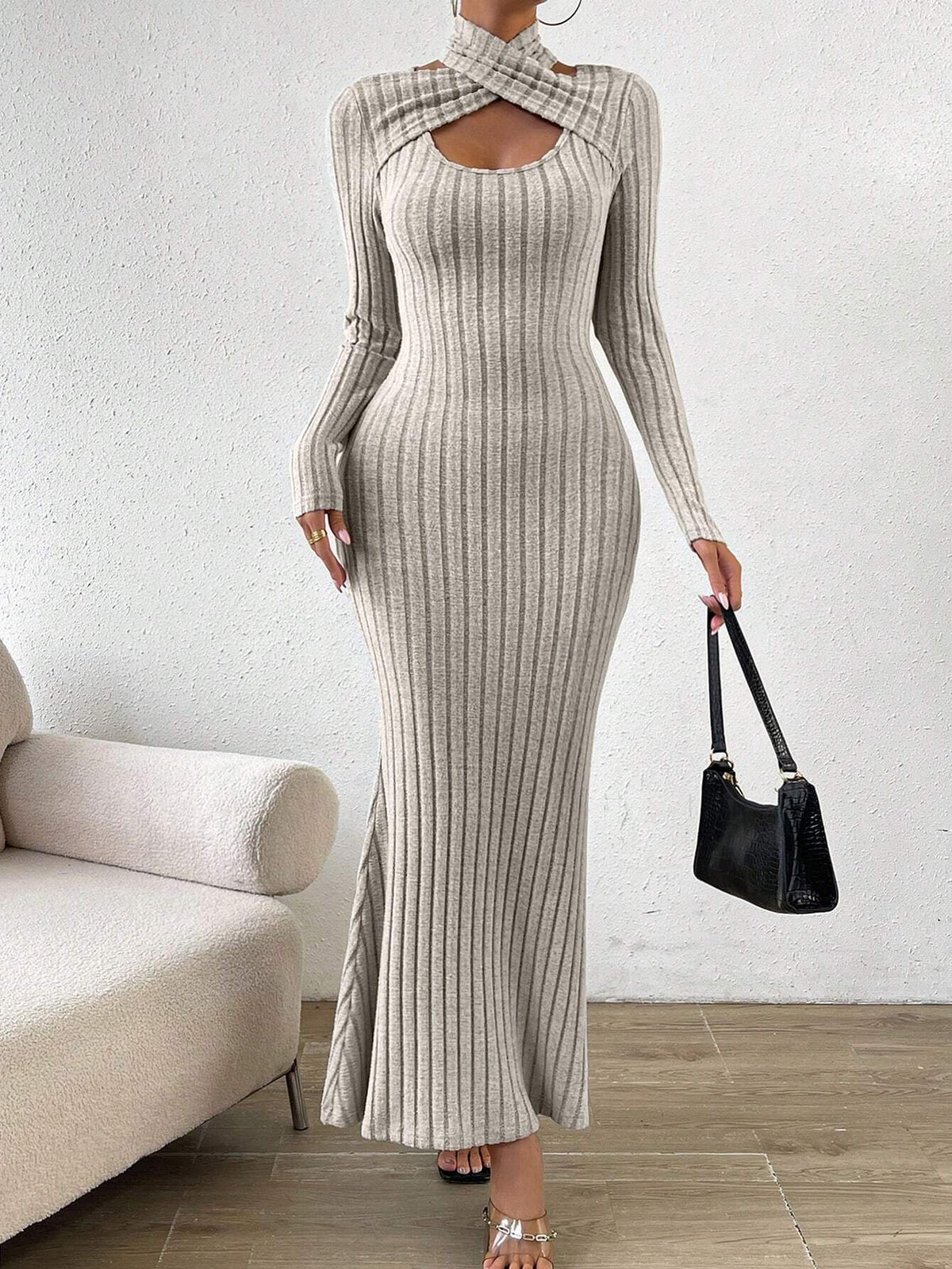 SHEIN Essnce Criss Cross Cut Out Front Mermaid Hem Ribbed Knit Dress