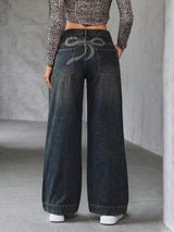 SHEIN Essnce Women's Bow Print Straight Leg Jeans