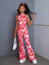 SHEIN SLAYR KIDS Tween Girl Casual Red Heart Printed Tank Top & Flared Long Two-Piece Set