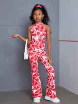 SHEIN SLAYR KIDS Tween Girl Casual Red Heart Printed Tank Top & Flared Long Two-Piece Set