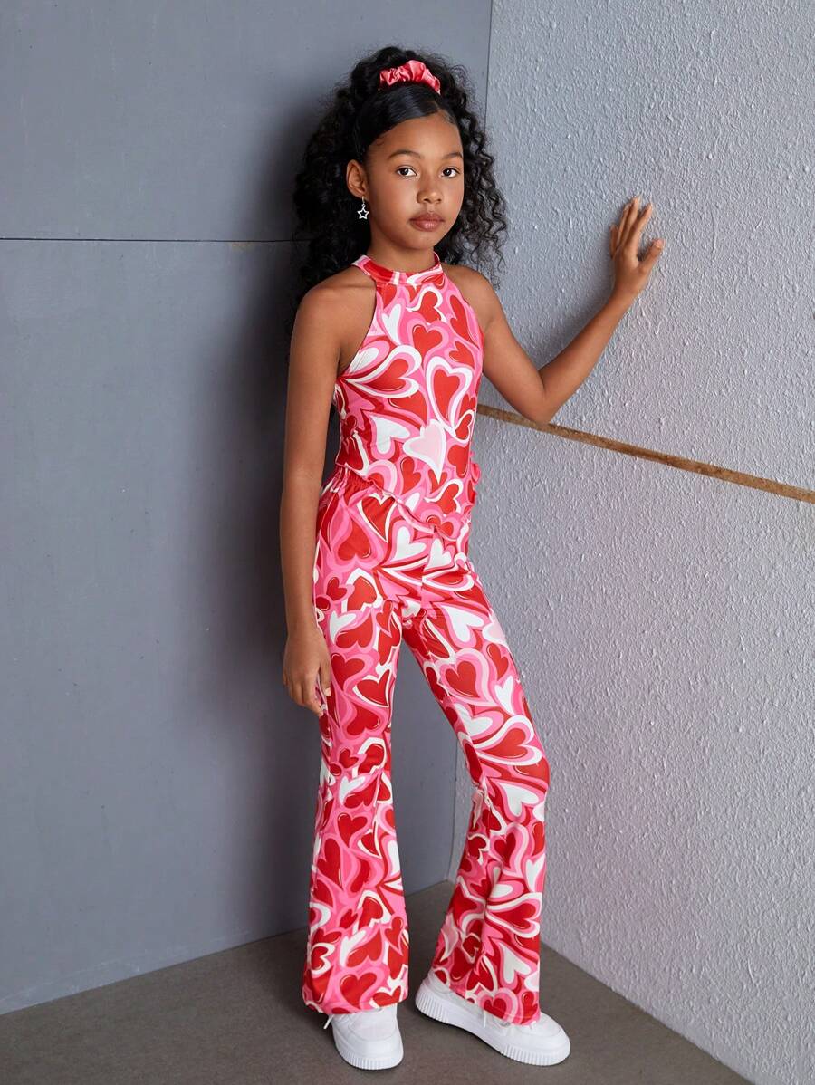 SHEIN SLAYR KIDS Tween Girl Casual Red Heart Printed Tank Top & Flared Long Two-Piece Set