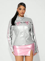 SHEIN SXY Bow Decor Minimalist Fashion Casual Lightweight Zipper Jacket