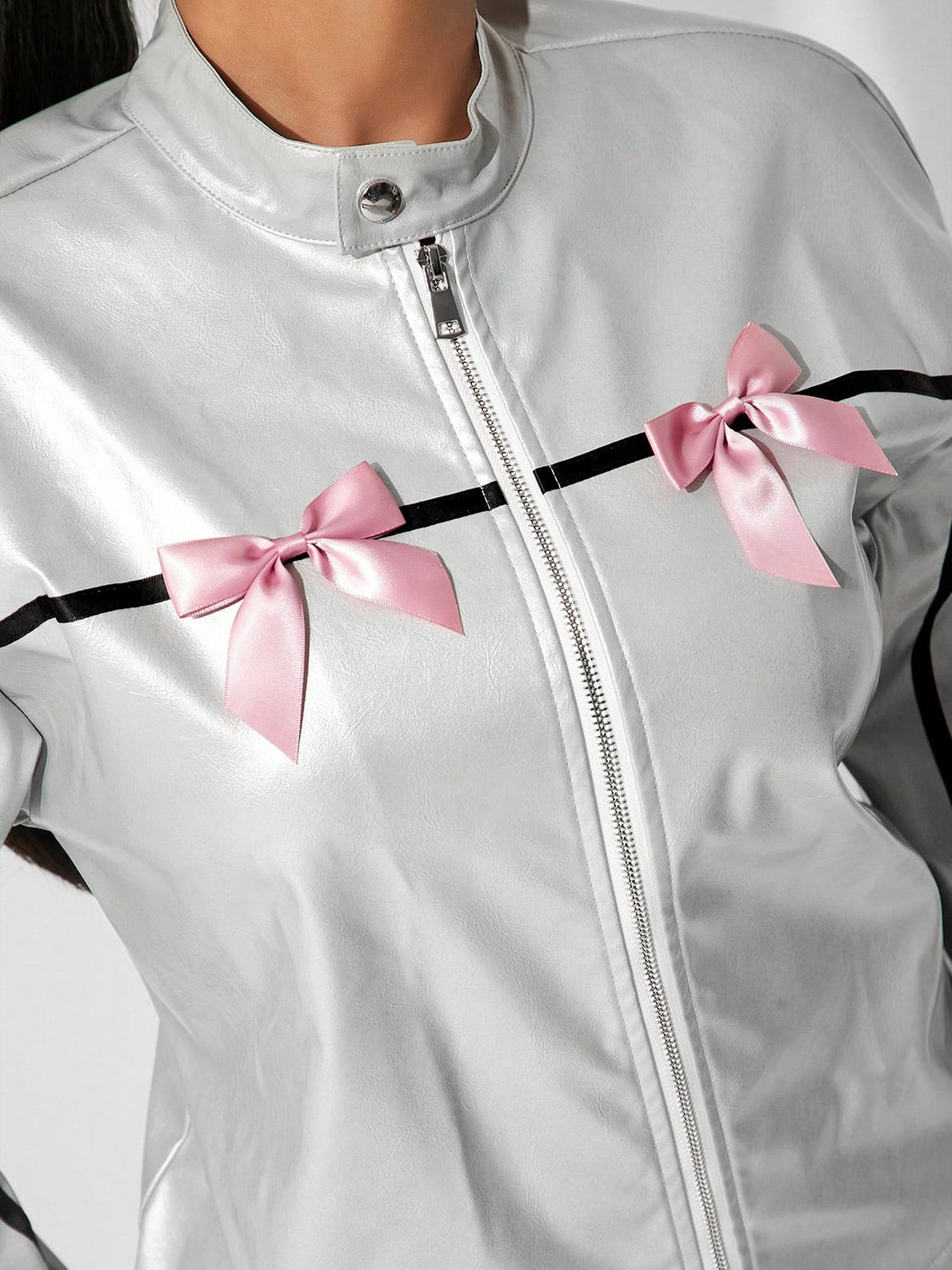 SHEIN SXY Bow Decor Minimalist Fashion Casual Lightweight Zipper Jacket