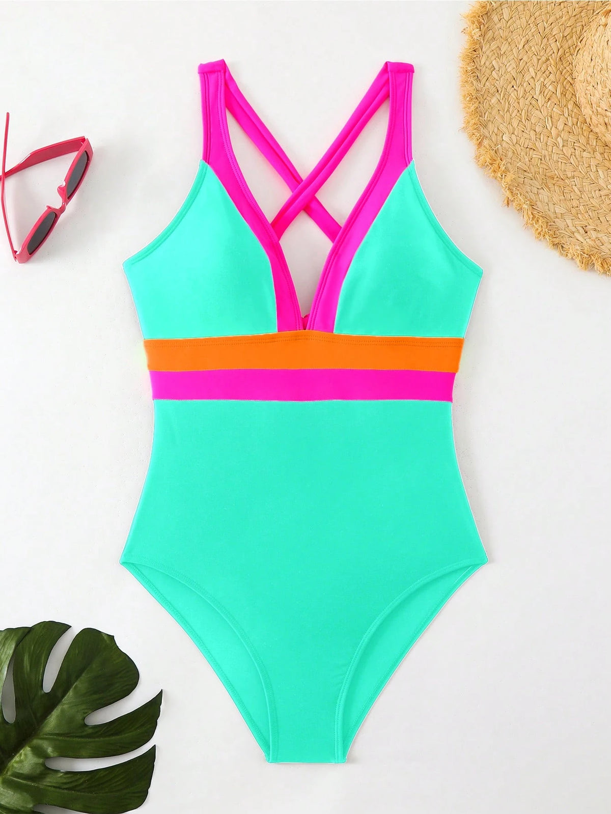 SHEIN Swim Women's Summer Beach Contrast Color One-Piece Swimsuit