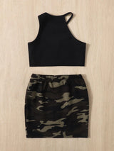 SHEIN Young Girl Letter Graphic Asymmetrical Neck Top & Camo Print Skirt