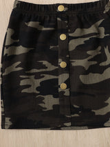 SHEIN Young Girl Letter Graphic Asymmetrical Neck Top & Camo Print Skirt