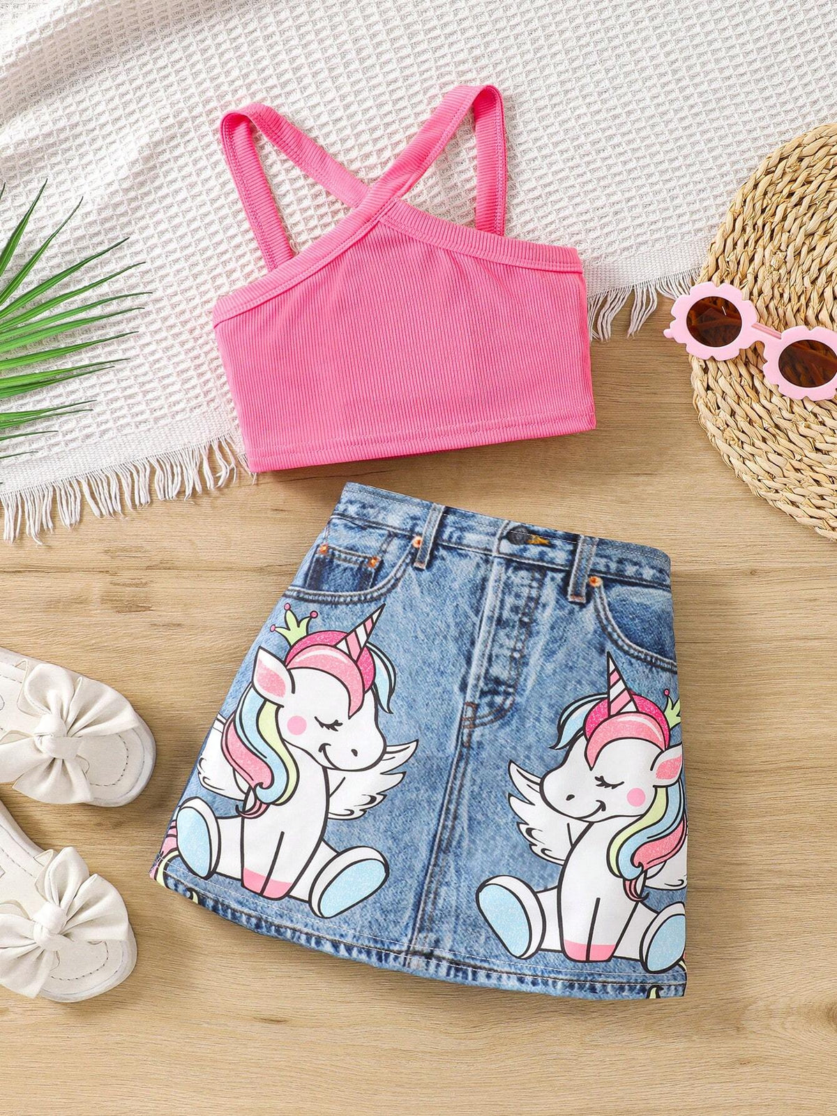 SHEIN Young Girl Solid Color Tank Top & Unicorn Graphic Denim Effect Skirt Set
