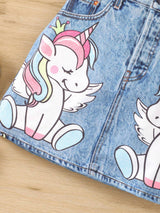SHEIN Young Girl Solid Color Tank Top & Unicorn Graphic Denim Effect Skirt Set