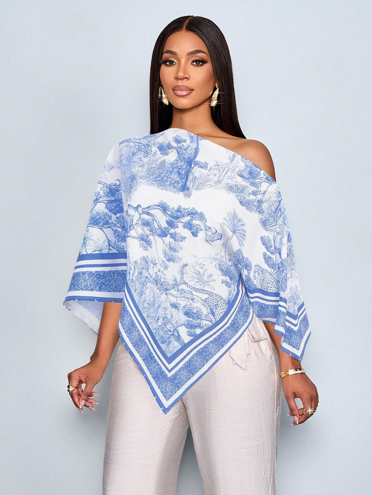 SHEIN SOLERSUN Women's White And Blue Summer Elegant Tea
