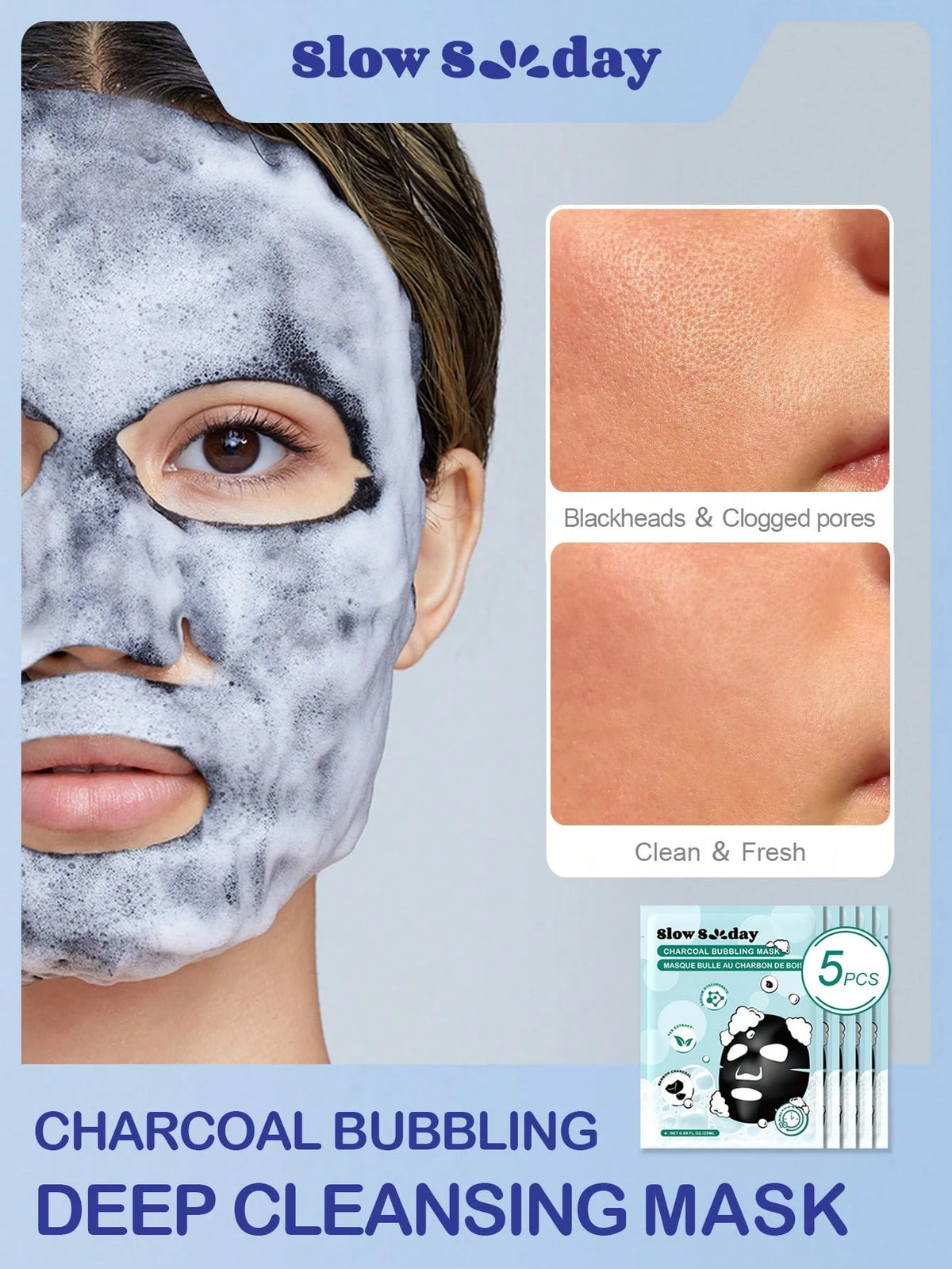 SlowSunday Deep Cleansing Moisturizing Charcoal Bubbling Mask 5pcs/Bulk,Korean Mask