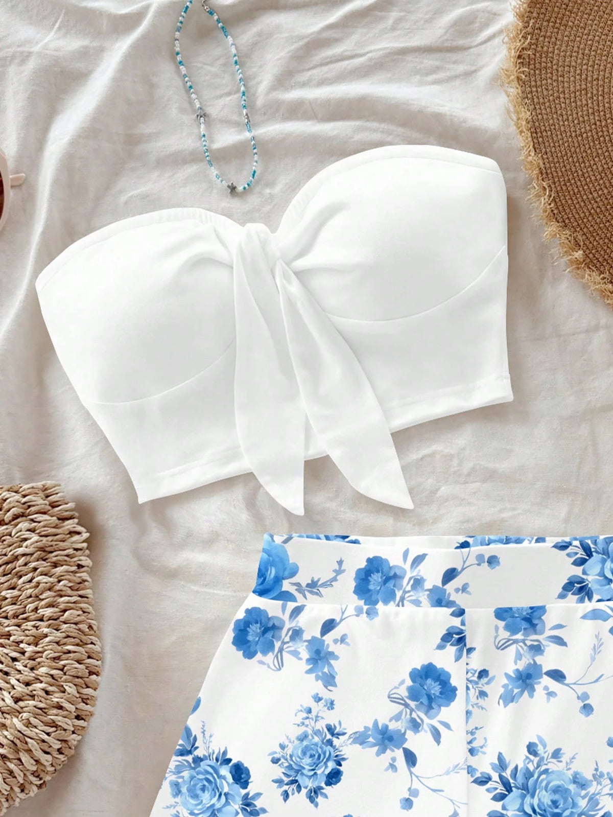 SHEIN Soleia 2pcs Set Blue Retro Floral Pattern Vintage Style Casual Vacation Sexy