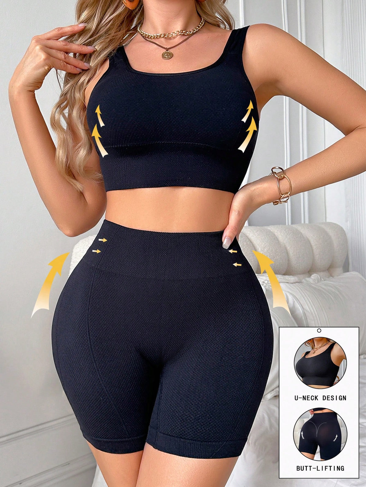 SHEIN Plain Color Sports Yoga Bra Tank Top & Shorts Set