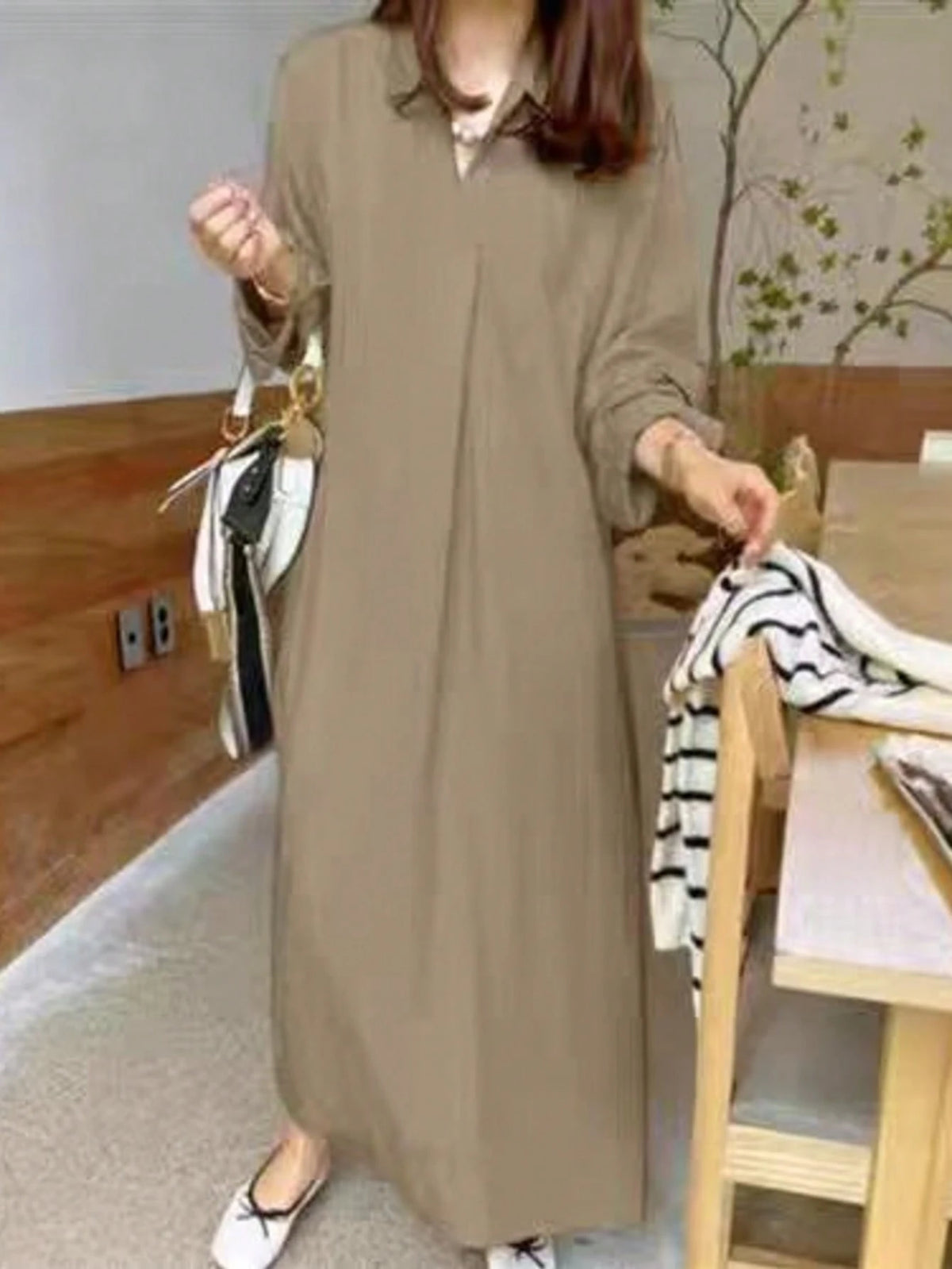SHEIN Women's Solid Color Long Sleeve Loose Casual Long Dress
