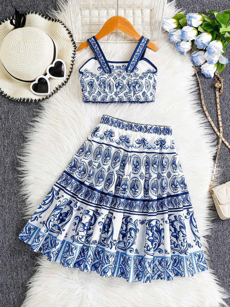 SHEIN Young Girl Bohemian Floral Print Camisole Top & Midi Skirt Set